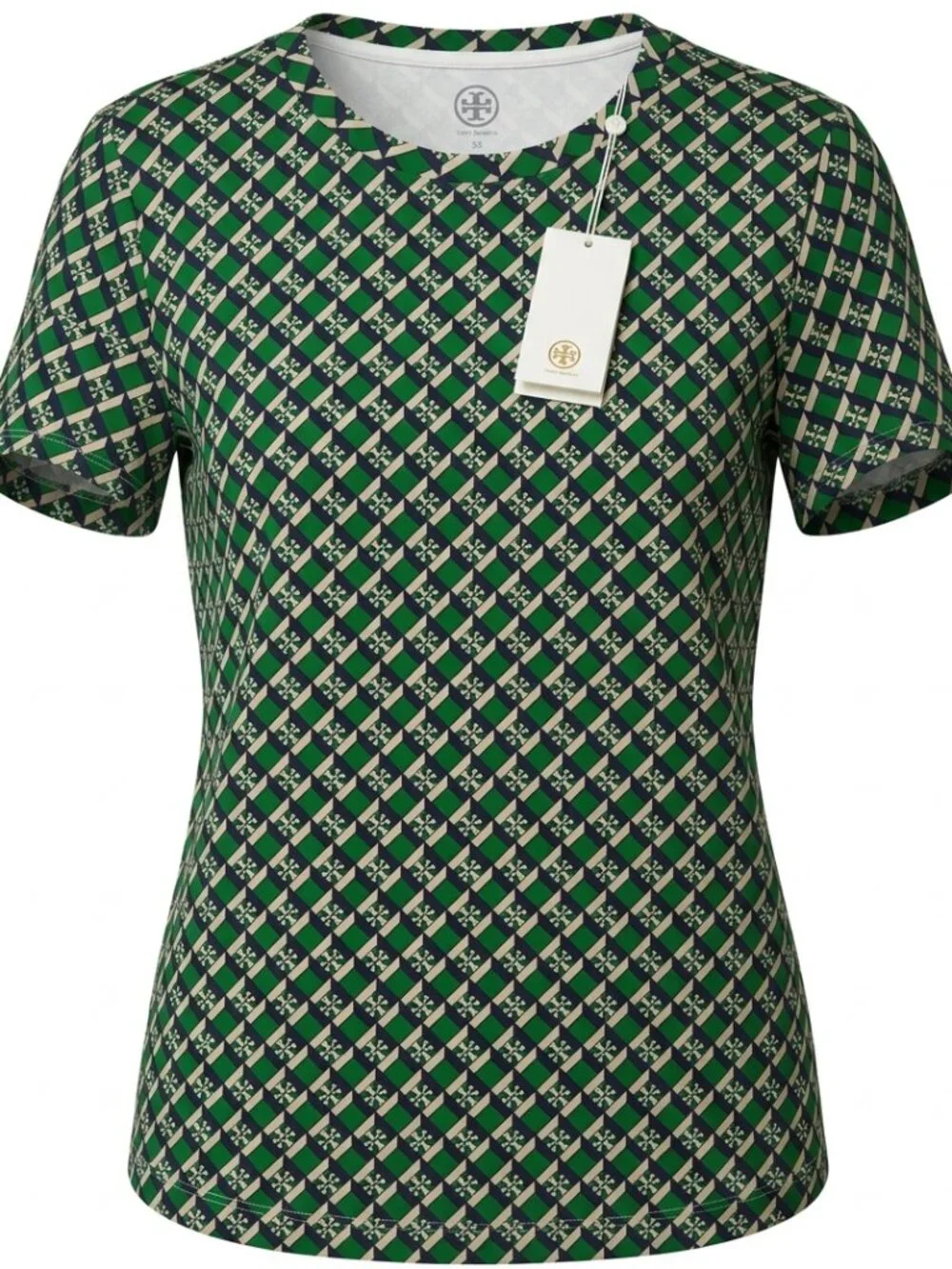 NWT Tory Burch Keaton Geometric Logo Print T-Shirt Green Navy Size S